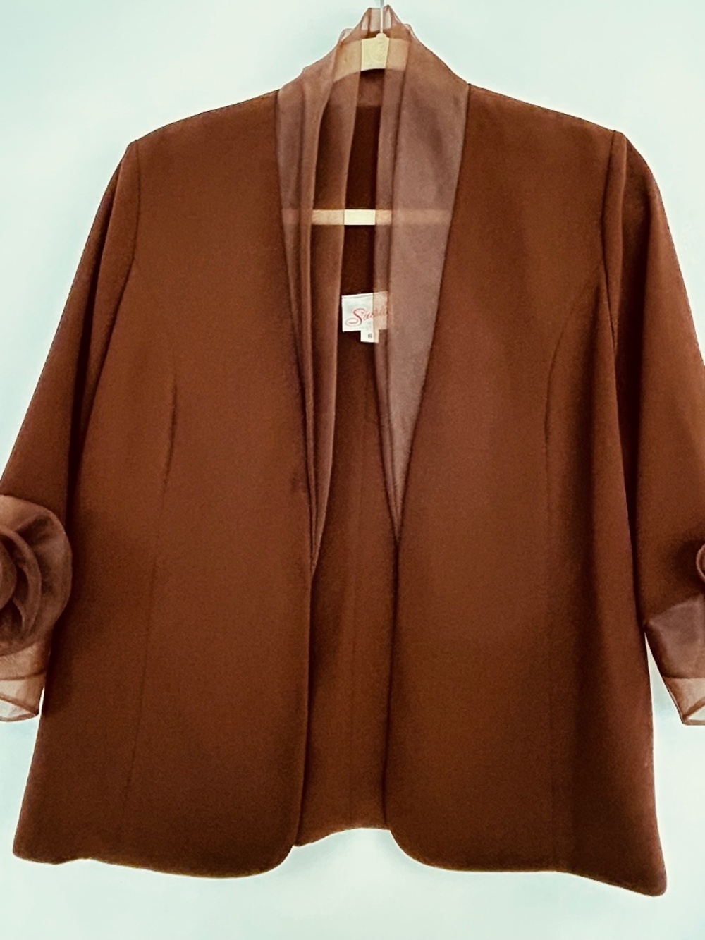 NWOT Siasia Brown Jacket Sz 6 Open Front 3/4 Sleeve Flower Detail Vintage